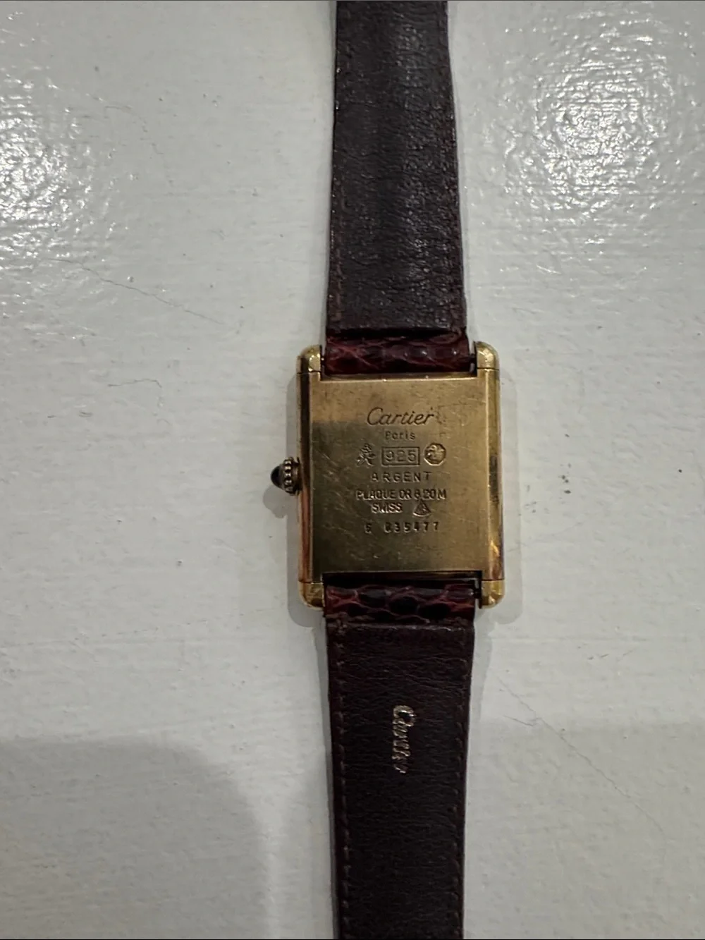 Cartier unisex Gold Tone Case Brown Dial Leather Strap Watch